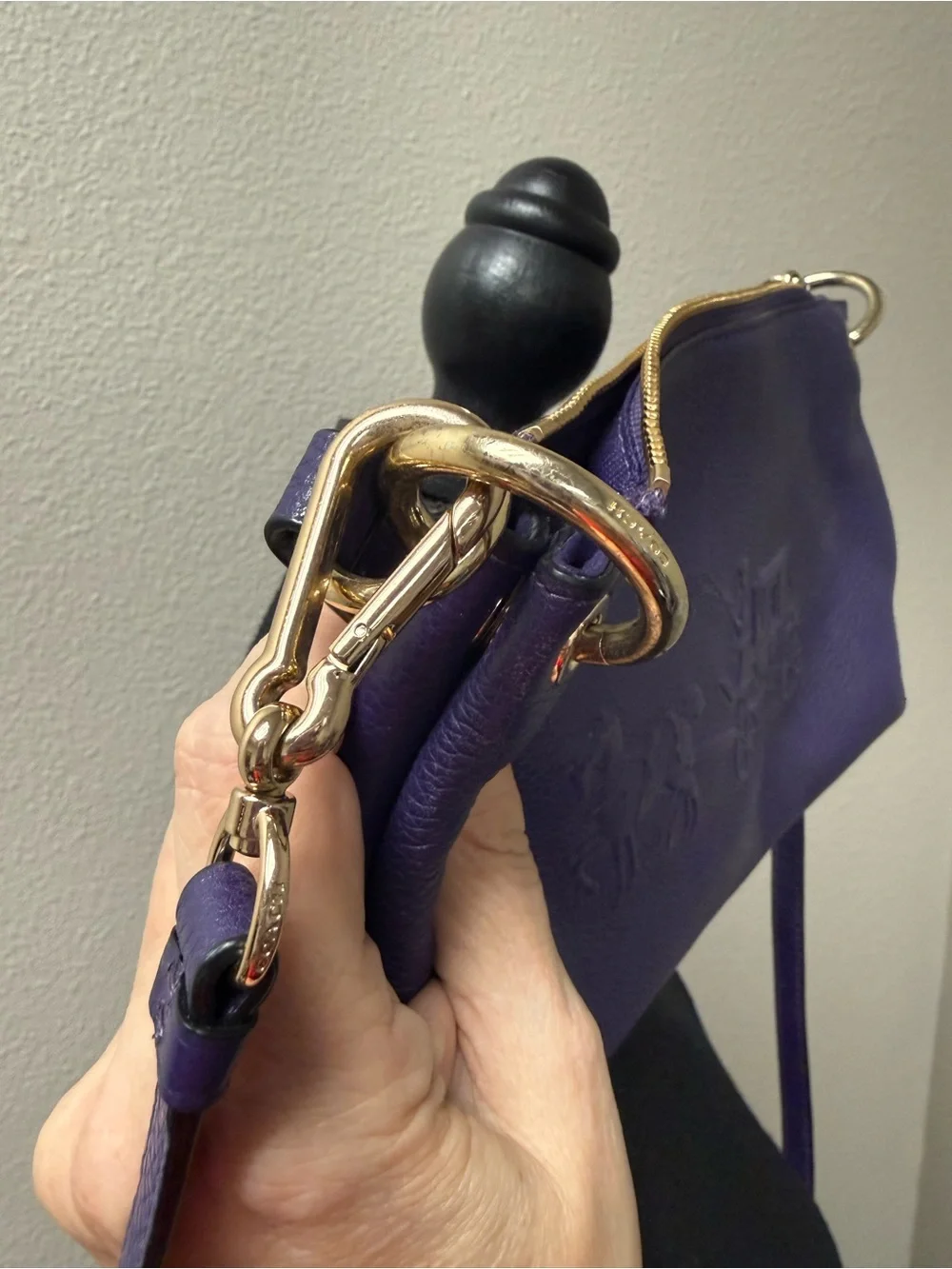 Coach Charley 33521 Purple Pebbled Leather Horse Carriage Crossbody Bag Gold Zip